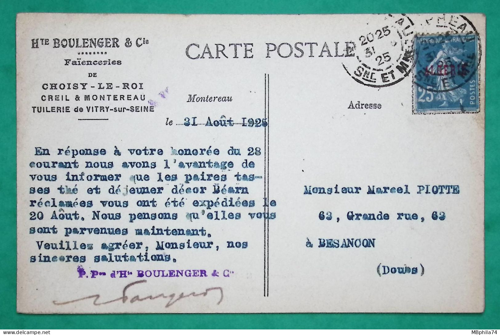 N°140 SEMEUSE SURCHARGE ALGERIE CARTE POSTALE PRIVEE FAÏENCERIE MONTEREAU SEINE ET MARNE POUR BESANCON 1925 FRANCE - 1906-38 Sower - Cameo