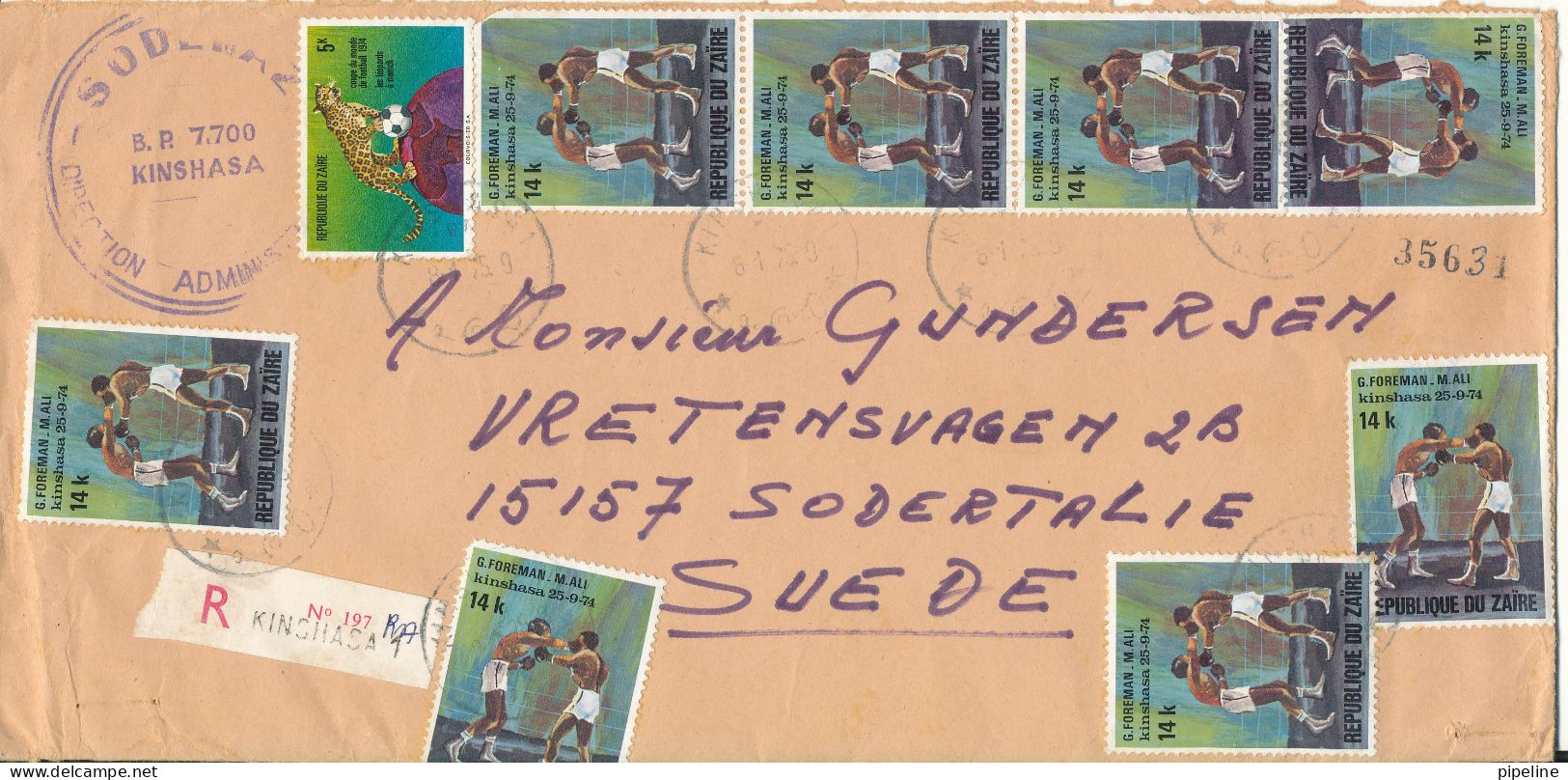 Congo Kinshasa Zaire Registered Cover Sent To Sweden 8-1-1975 With A Lot Of BOXING Stamps - Cartas & Documentos