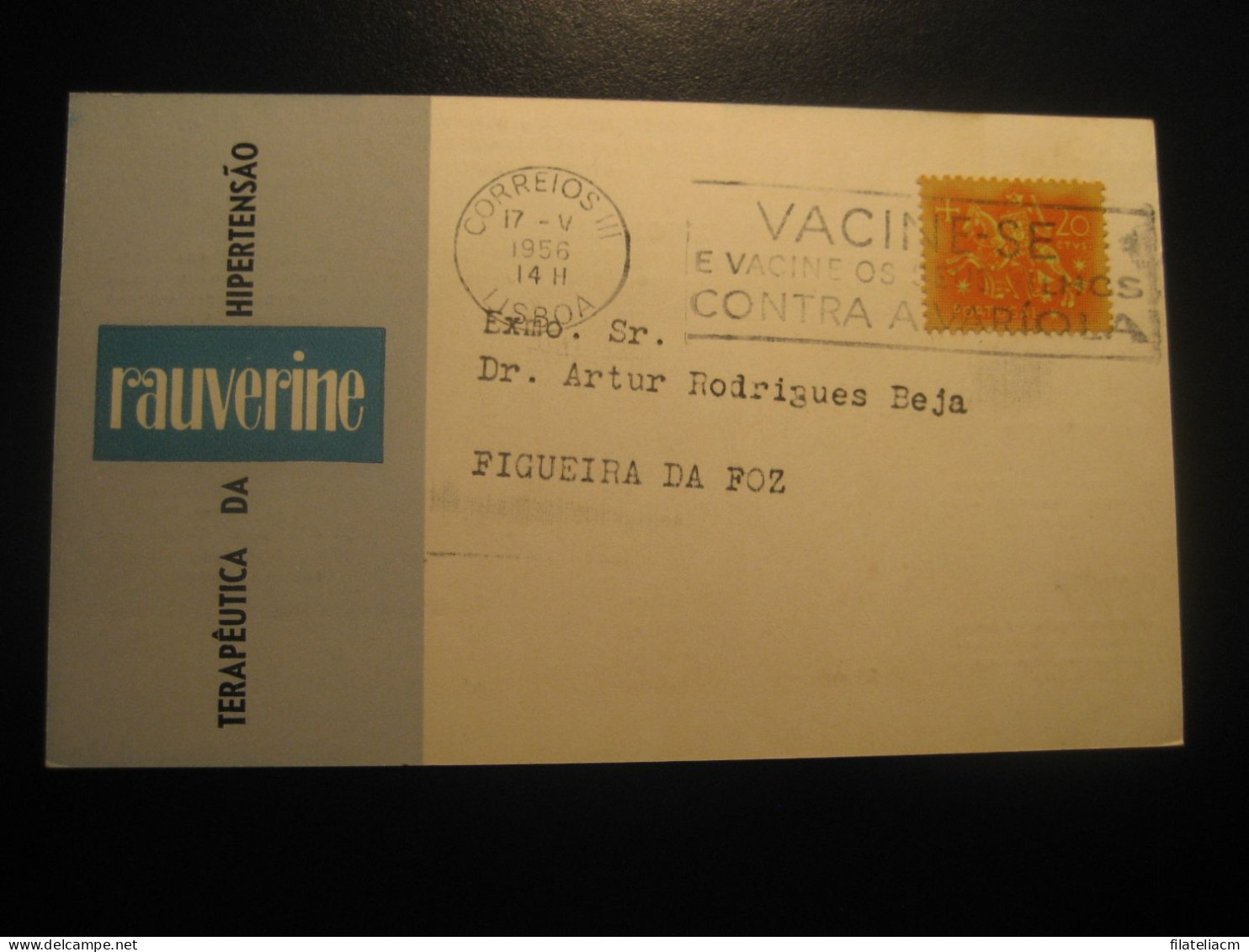 LISBOA 1956 To Figueira Da Foz Rauverine Atral Pharmacy Smallpox Vaccine Health Cancel Card PORTUGAL - Lettres & Documents