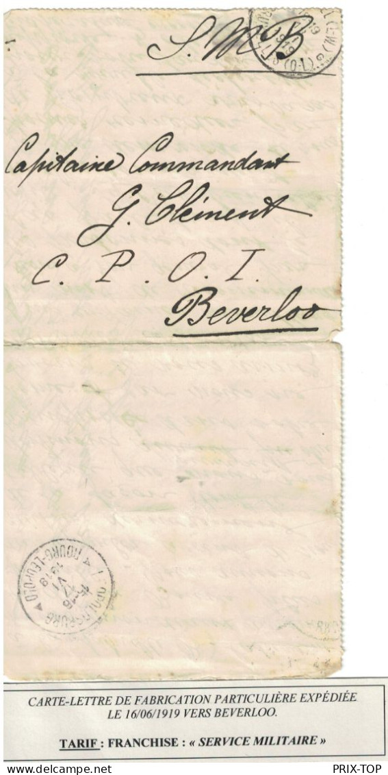 Lettre En SMB Franchise Postale Obl. BXL QL 16/6/1919 > Capitaine Commandant Clément Beverloo C. D'arrivée - Brieven En Documenten