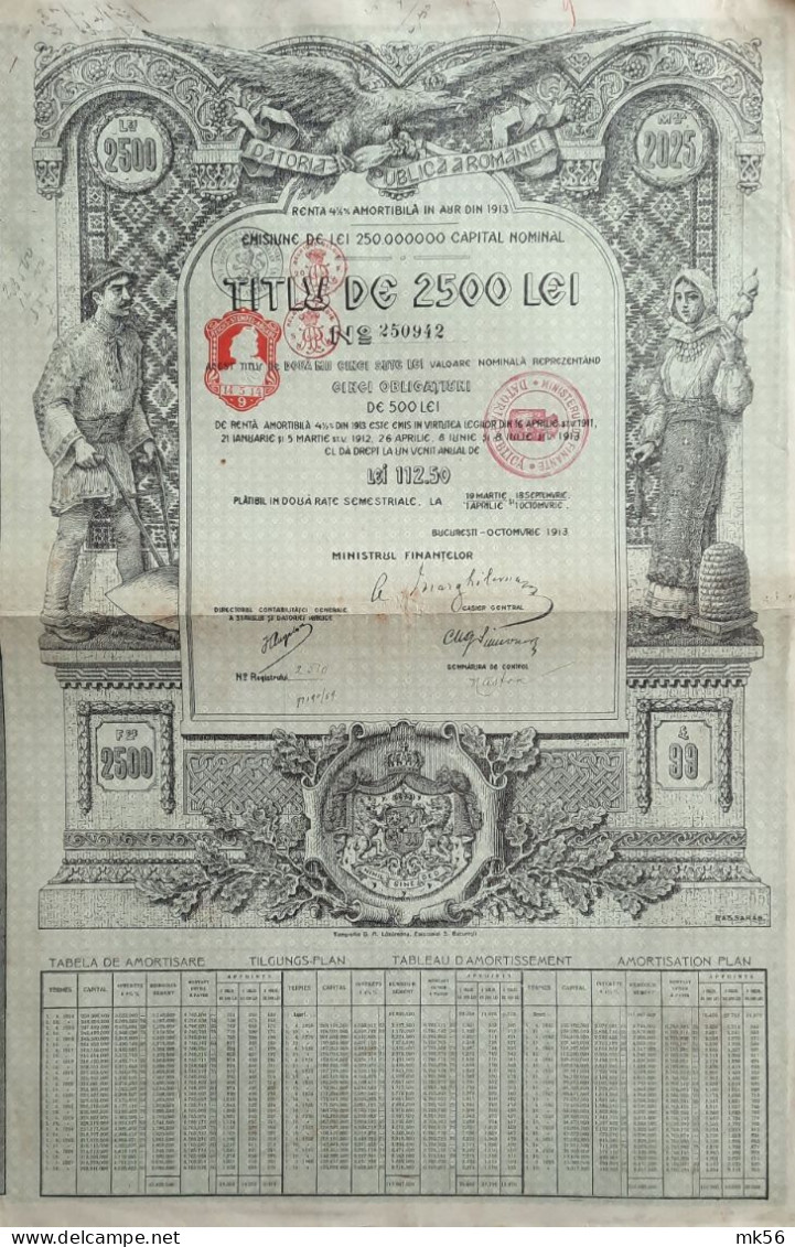 Dette Publique De La Roumanie  4.5 %  - 2500 Francs 1913 (zeer Decoratief) - Bucuresti - Other & Unclassified