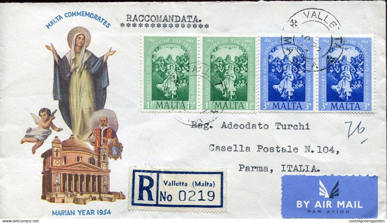 X0071 Malta, Circuled Registered Cover 1954 To Italy,madonna Immaculate Conception - Cristianismo
