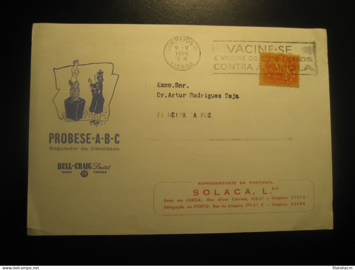 LISBOA 1956 To Figueira Da Foz Probese A B C Bell-Craig Solaca Pharmacy Smallpox Vaccine Health Cancel Card PORTUGAL - Cartas & Documentos