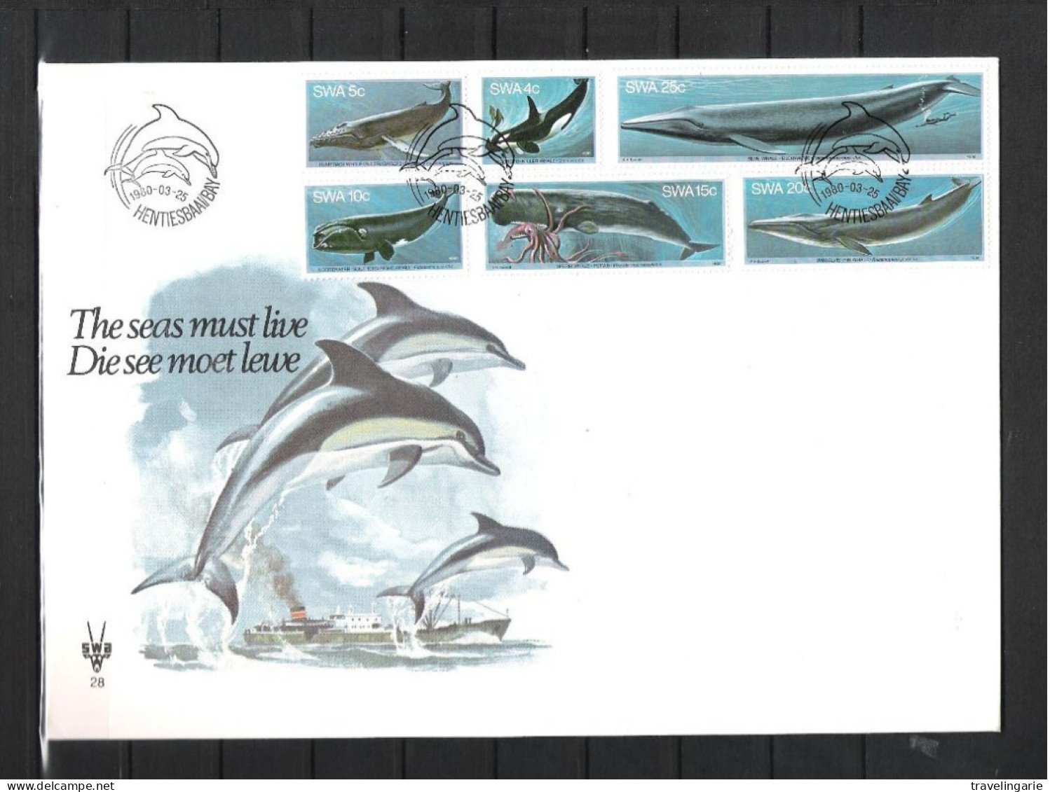 South West Africa 1980 Whales FDC No. S3 Hentiesbaai Dolphin Cancel - Südwestafrika (1923-1990)
