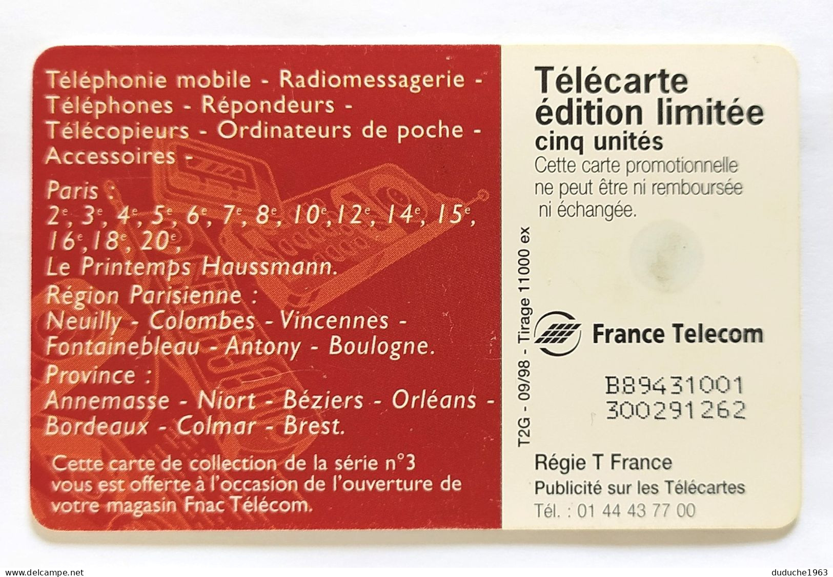 Télécarte France 5 Unités -  FNAC Télécom - 5 Eenheden