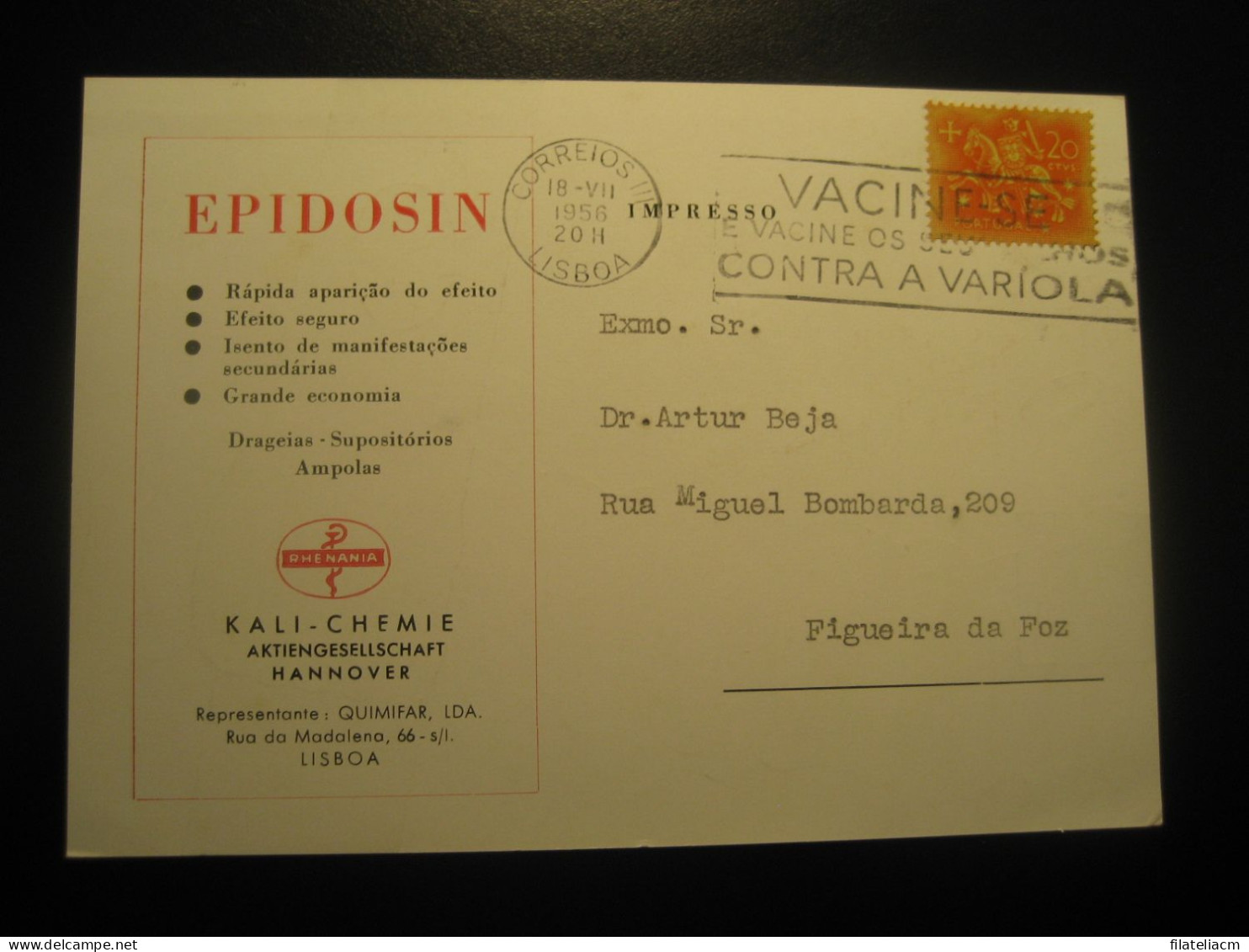 LISBOA 1956 To Figueira Da Foz Epidosin Rhenania Pharmacy Smallpox Vaccine Health Cancel Card PORTUGAL - Brieven En Documenten