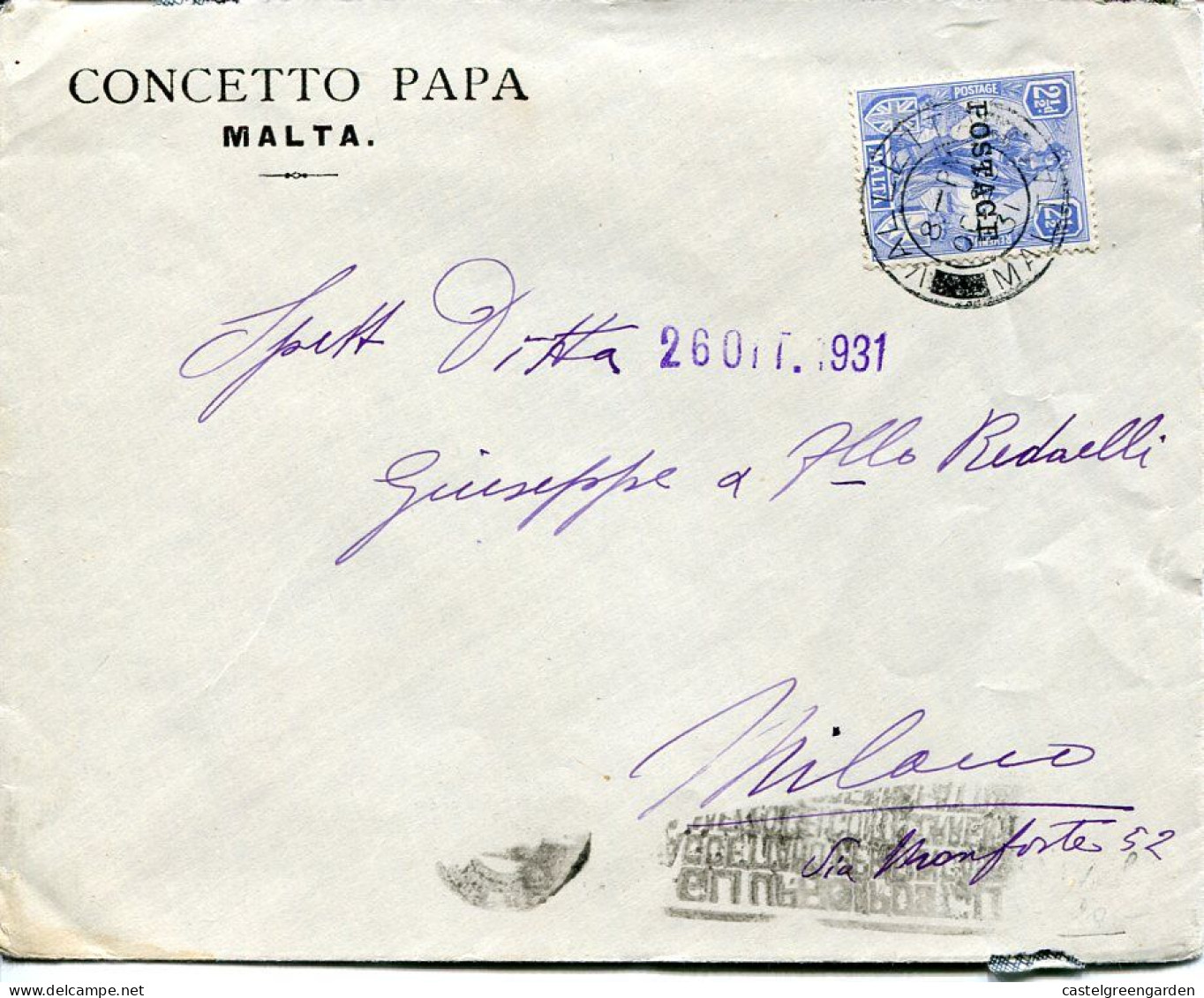 X0072 Malta, Circuled Cover 1931 To Italy - Malta