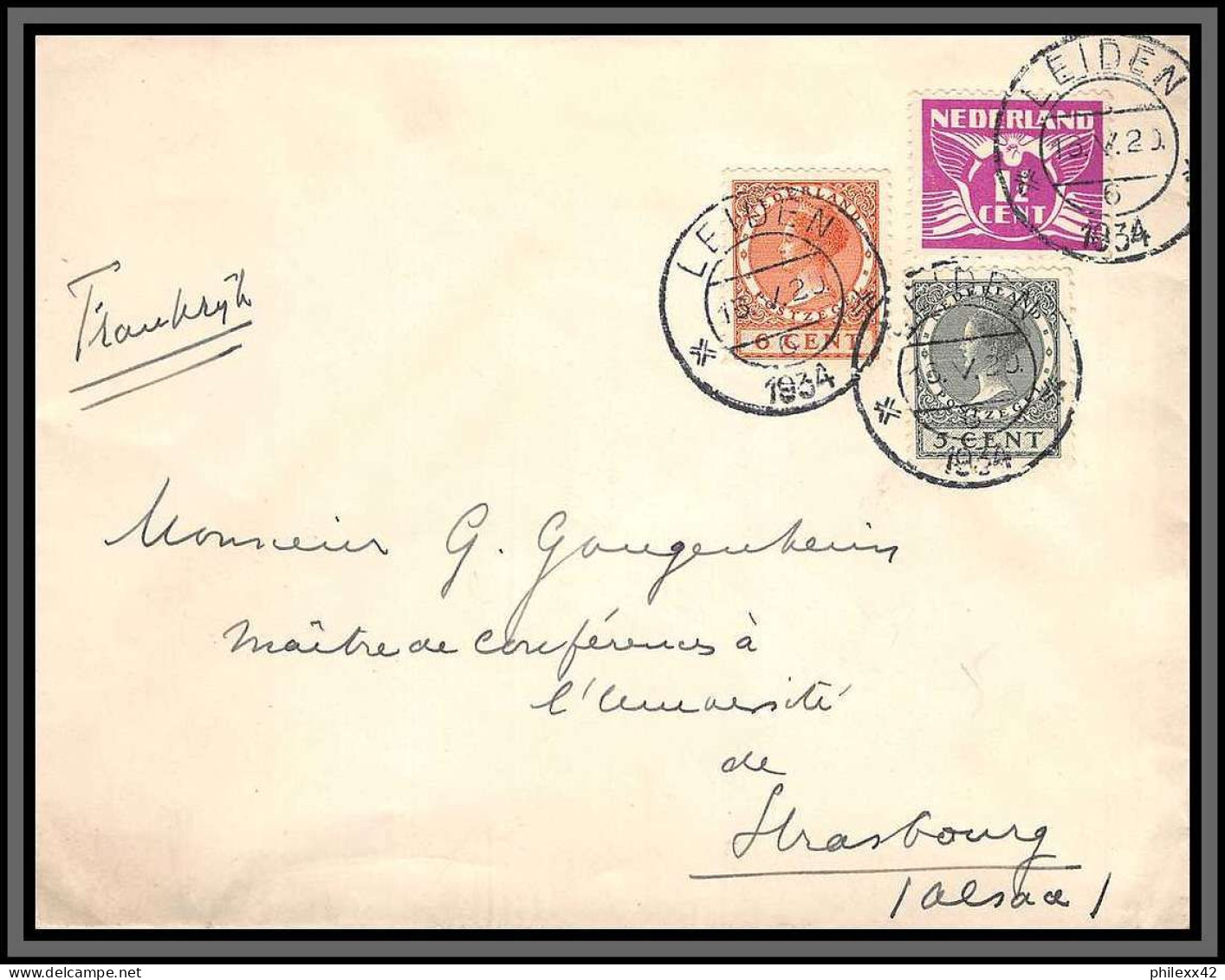 11354 Entete De Boer Prof Leiden 1934 Pour Starsbourg Lettre Cover Pays Bas Nederland  - Postal History