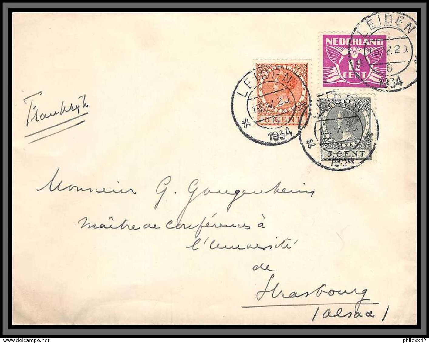 11354 Entete De Boer Prof Leiden 1934 Pour Starsbourg Lettre Cover Pays Bas Nederland  - Marcofilia