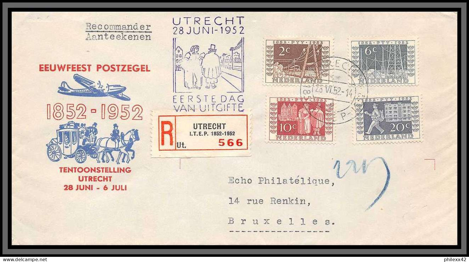 11352 N°588-591 Utrecht 28/6/1952 Postezegel Recommandé Pour Bruxelles Belgique Lettre Cover Pays Bas Nederland  - FDC