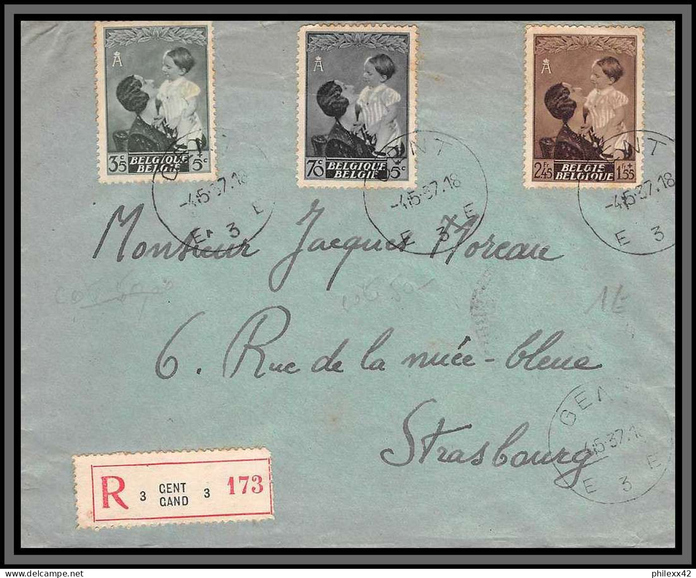 11348 N°449/451/454 Reine Astrid 1937 Recommandé Gent Strasbourg Lettre Cover Belgique  - Storia Postale