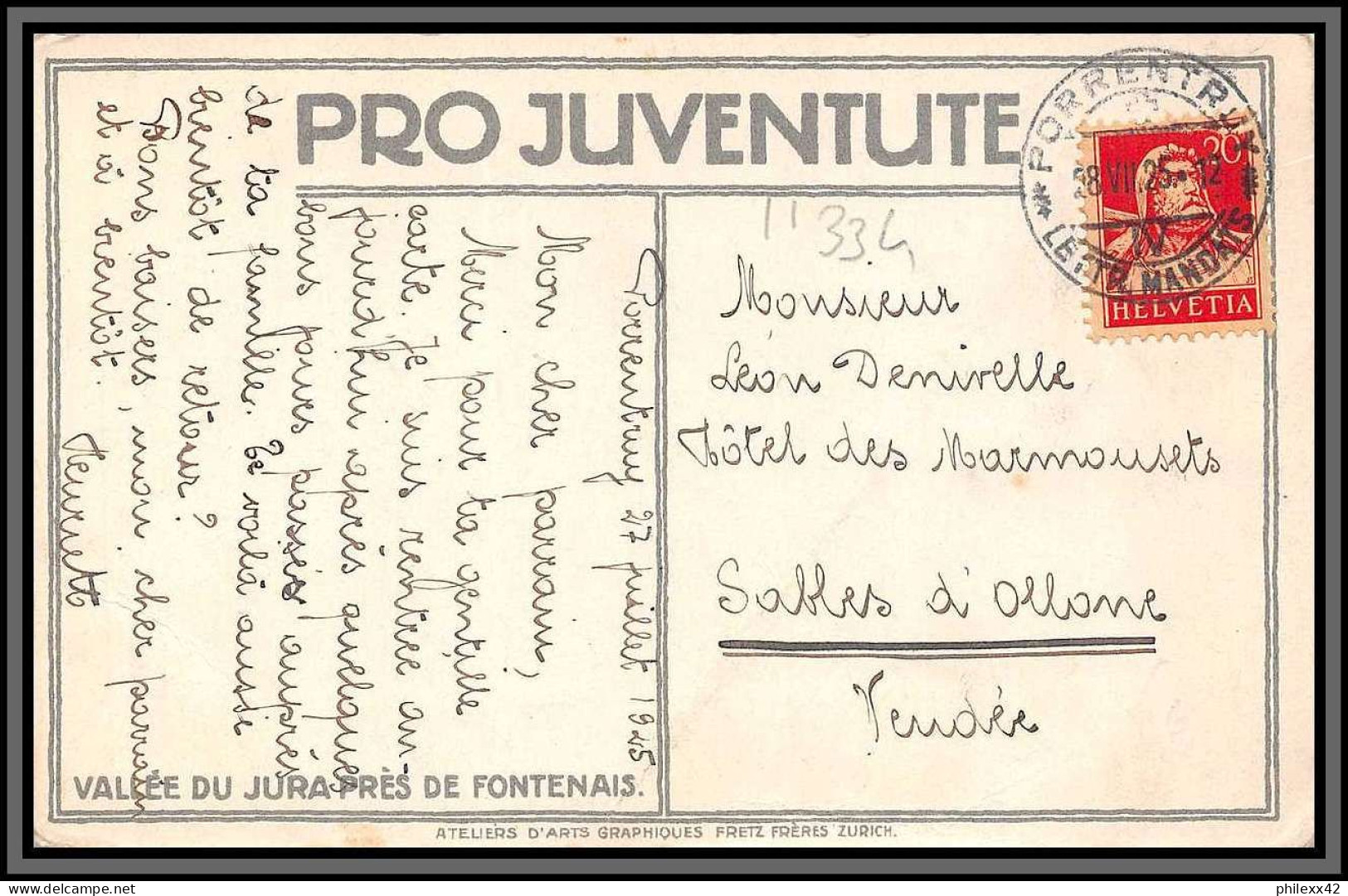 11334 Porrentruy 1925 Pour Sables D'ollone Carte Postale Pro Juventute Vallée Du Jura Près De Fontenais Postcard Suisse  - Storia Postale