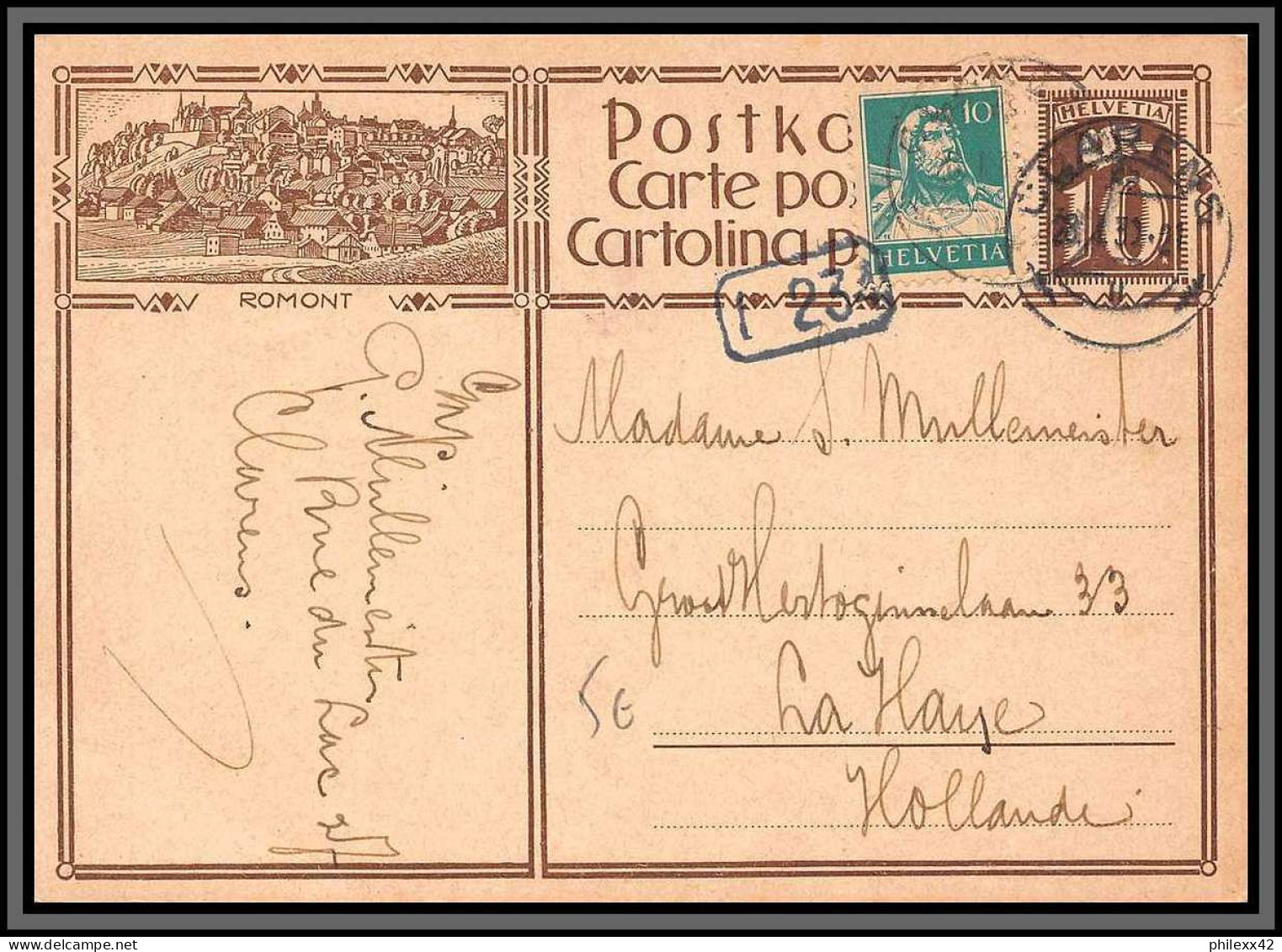 11300 Romont + Complément 1931 Pour La Haye Hollande Entier Stationery Carte Postale Suisse Helvetia  - Entiers Postaux