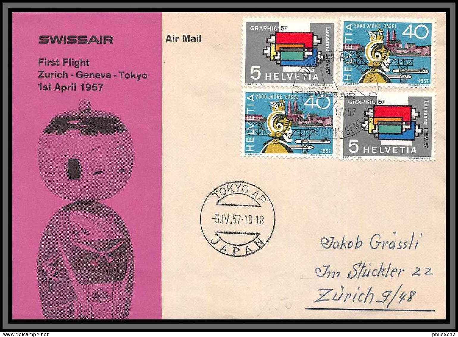 11307 Swissair First Flight From Zürich To Tokyo / Japan 1/4/1957 Lettre Cover Suisse Helvetia  - FDC