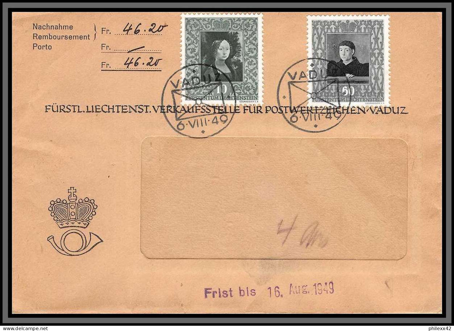 11292 Vaduz 16/8/1949 Lettre Cover Liechtenstein  - Storia Postale
