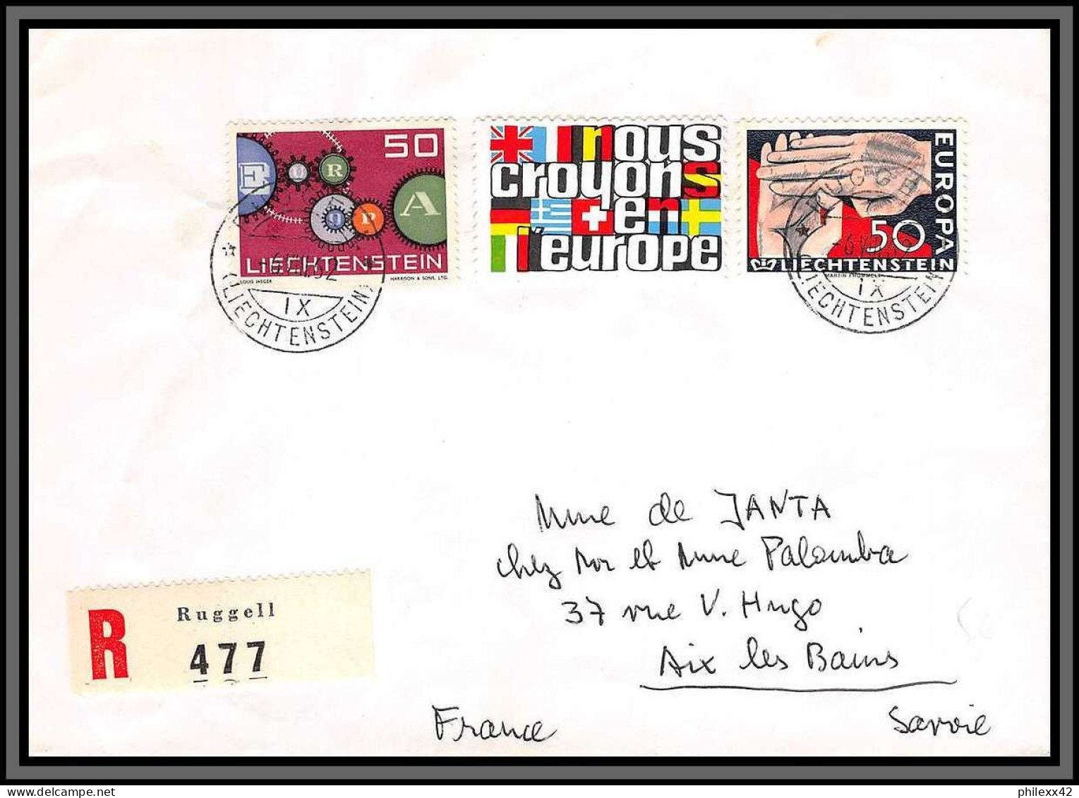 11284 1962 Fdc Europa Recommandé Ruggel Pour Aix Les Bains Lettre Cover Liechtenstein  - FDC