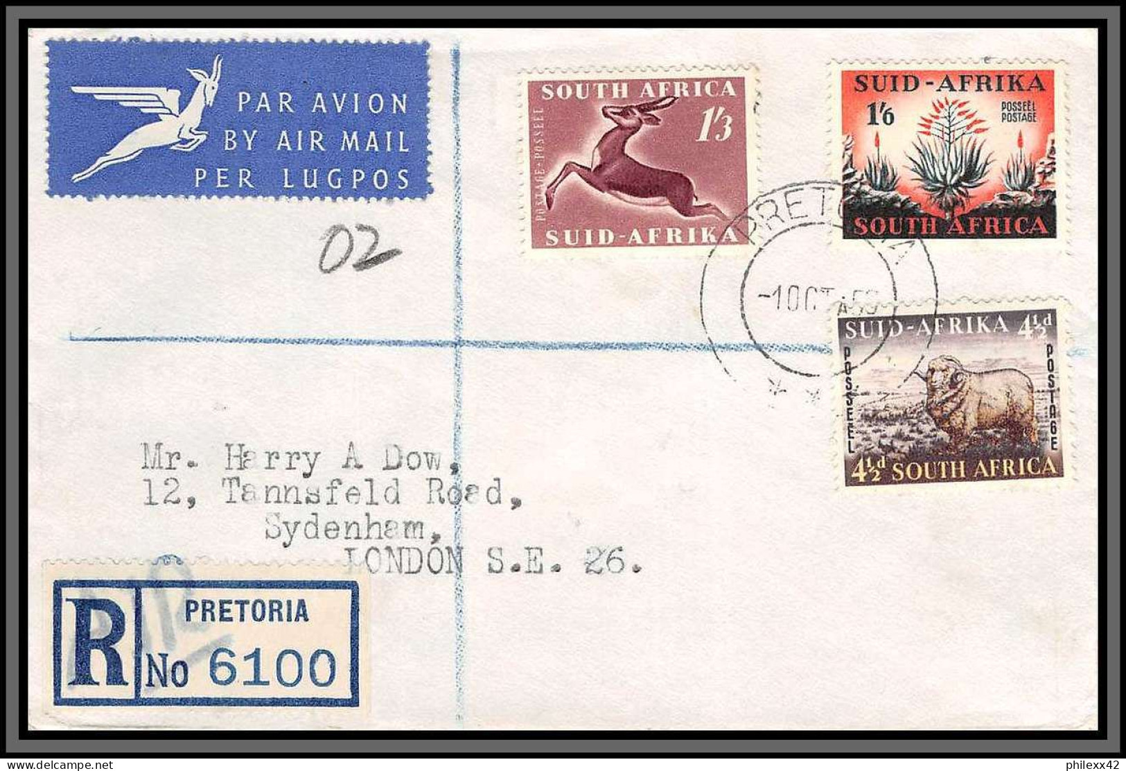 11215 Pretoria Pour London Recommandé 1958 Animaux Animals Lettre Cover Rsa South Africa  - Storia Postale
