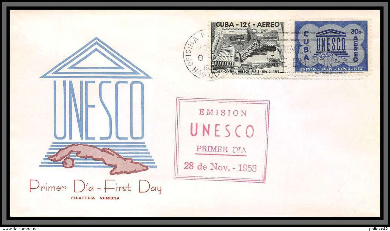 11125 Fdc Unesco 28/11/1958 Lettre Cover Cuba  - FDC