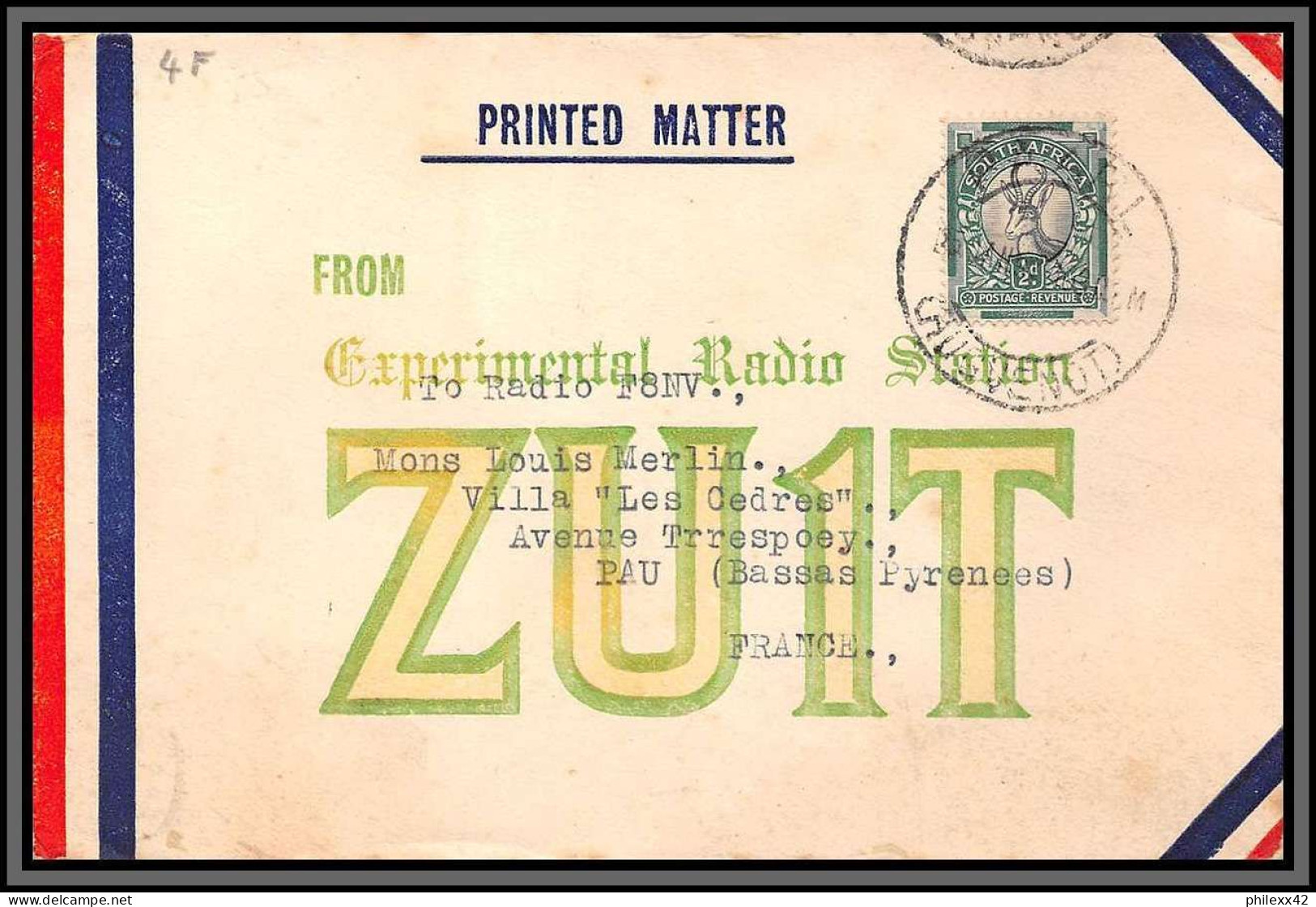 11103 Zuit Experimental Radio Station 1937 Pour Pau France Rsa South Africalettre Cover  - Storia Postale