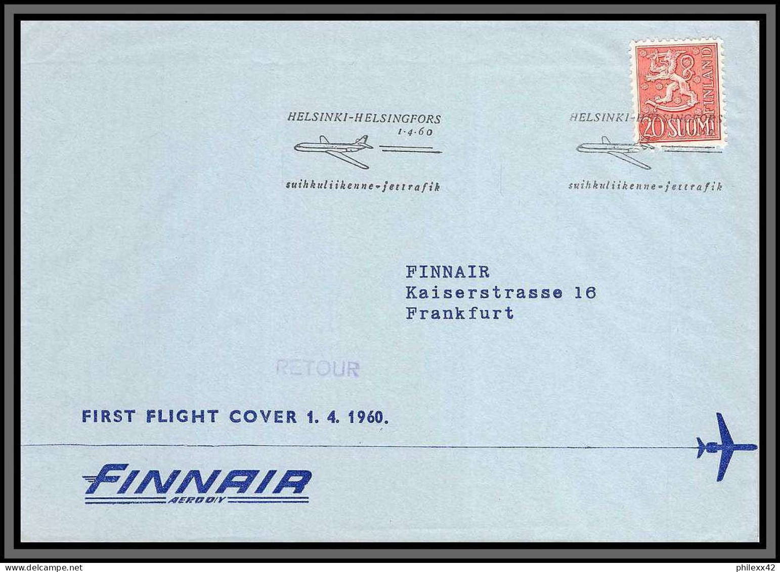 10945 Helsinki Helsingfors Frankfurt Allemagne Germany 1/4/1960 Finair First Fligh Aviation Lettre Cover Finlande Suomi  - Covers & Documents