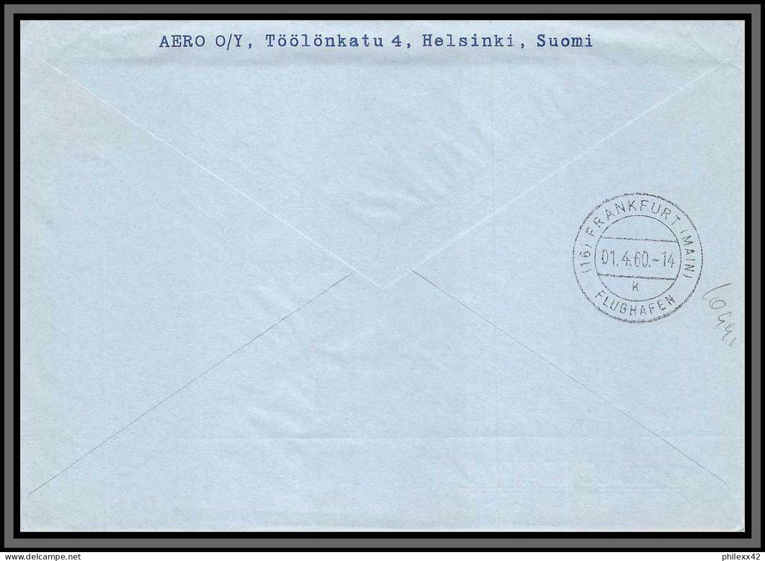 10945 Helsinki Helsingfors Frankfurt Allemagne Germany 1/4/1960 Finair First Fligh Aviation Lettre Cover Finlande Suomi  - Lettres & Documents