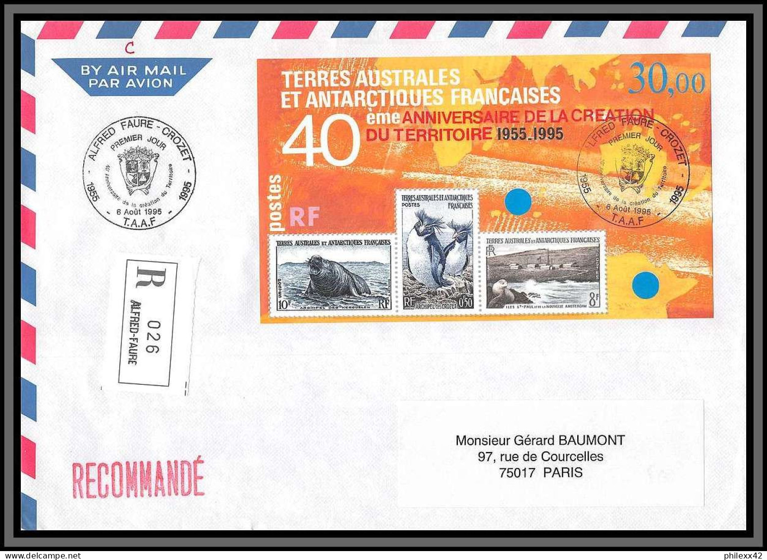 10881 Alfred Faure Bloc N°2 40ème Anniversaire 1995 Fdc Par Avion Recommandé Lettre Cover TAAF Terres Australes  - Lettres & Documents