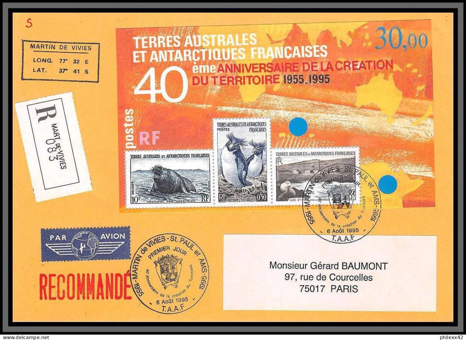 10879 Martin De Vivies Bloc N°2 40ème Anniversaire 1995 Fdc Par Avion Recommandé Lettre Cover TAAF Terres Australes  - Covers & Documents