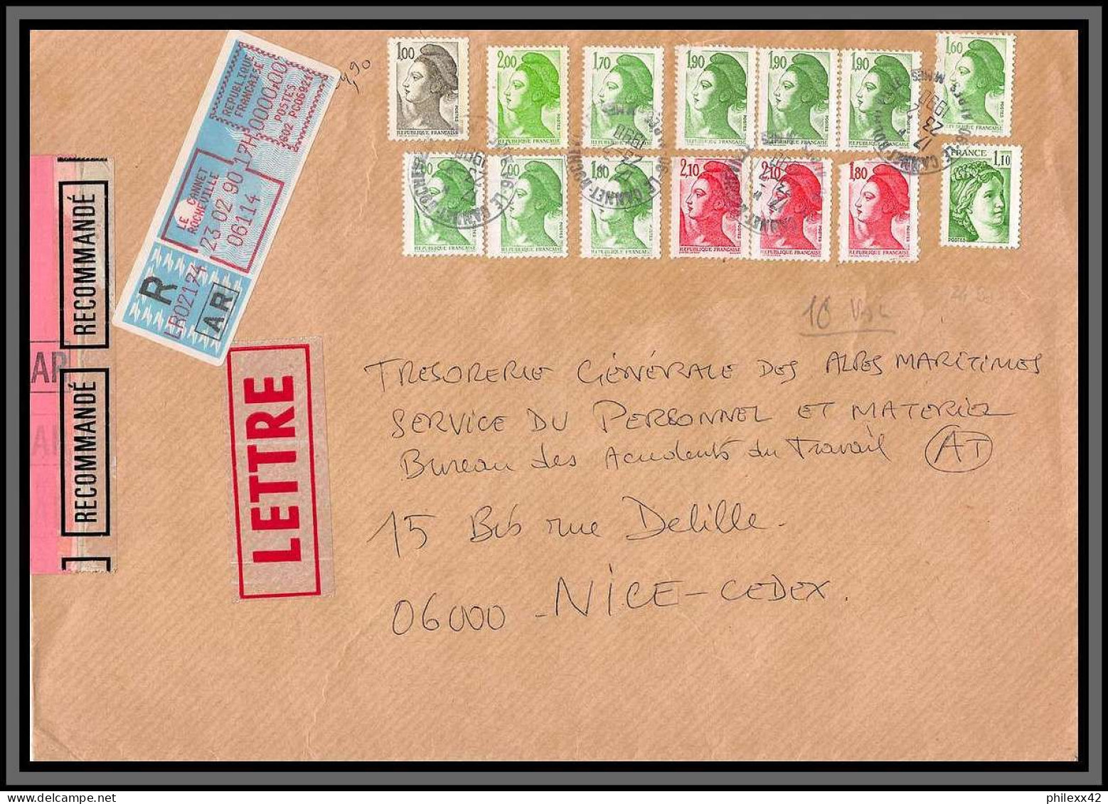 10876 Recommandé Sabine Et Liberté Bel Affranchissementle Cannet Rocheville 1990 Lettre Cover France  - 1982-1990 Libertà Di Gandon