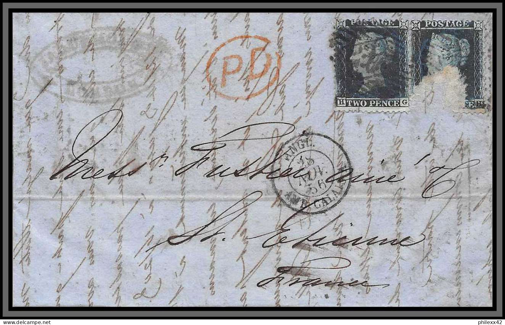 10823 LAC Two Pence Paire Defaut 1856 London St Etienne Loireuk England Lettre Cover France  - Cartas & Documentos