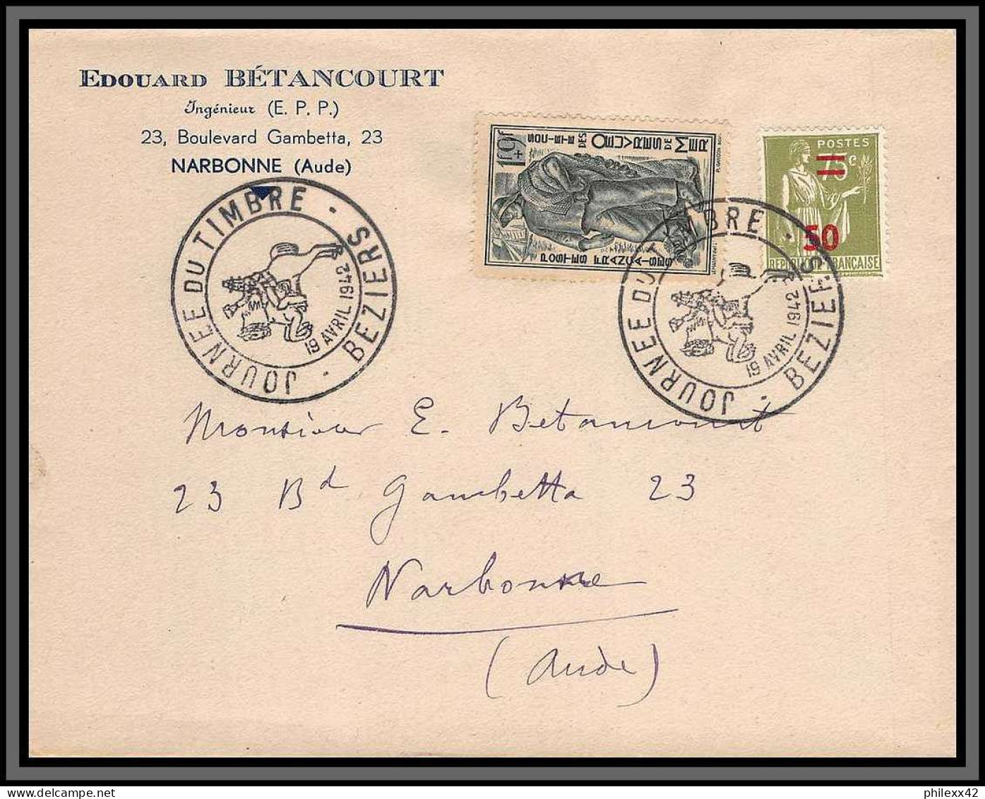 10771 Edouart Betancourt N°504 Journée Du Timbre 1942 Beziers Pour Nabonne Lettre Cover France  - Briefe U. Dokumente