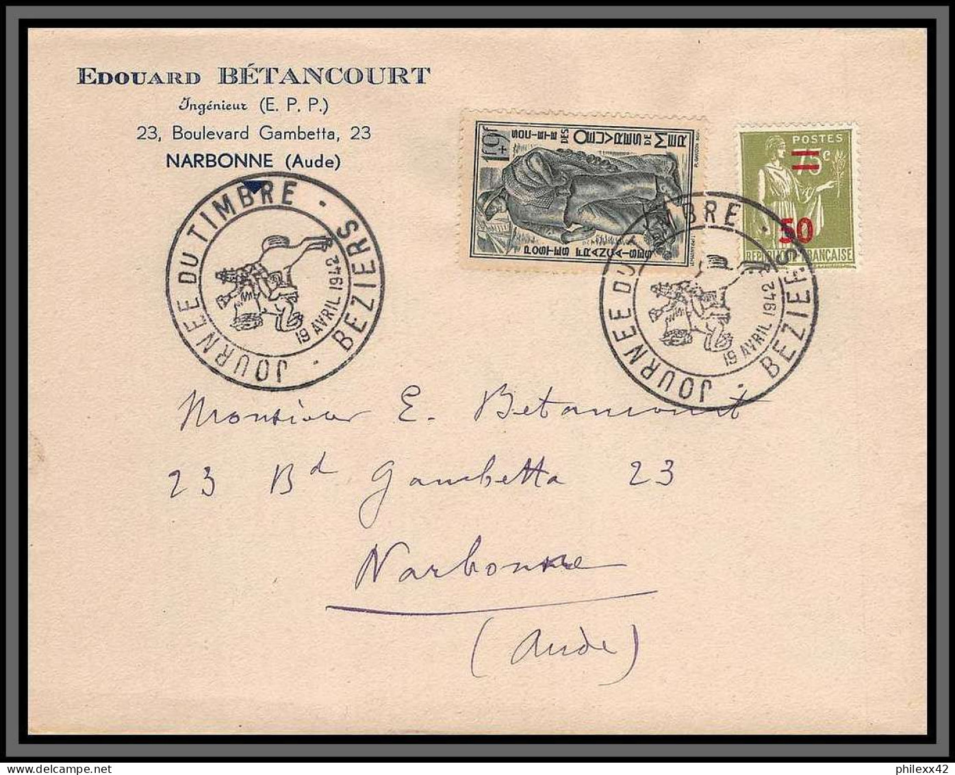 10771 Edouart Betancourt N°504 Journée Du Timbre 1942 Beziers Pour Nabonne Lettre Cover France  - Storia Postale