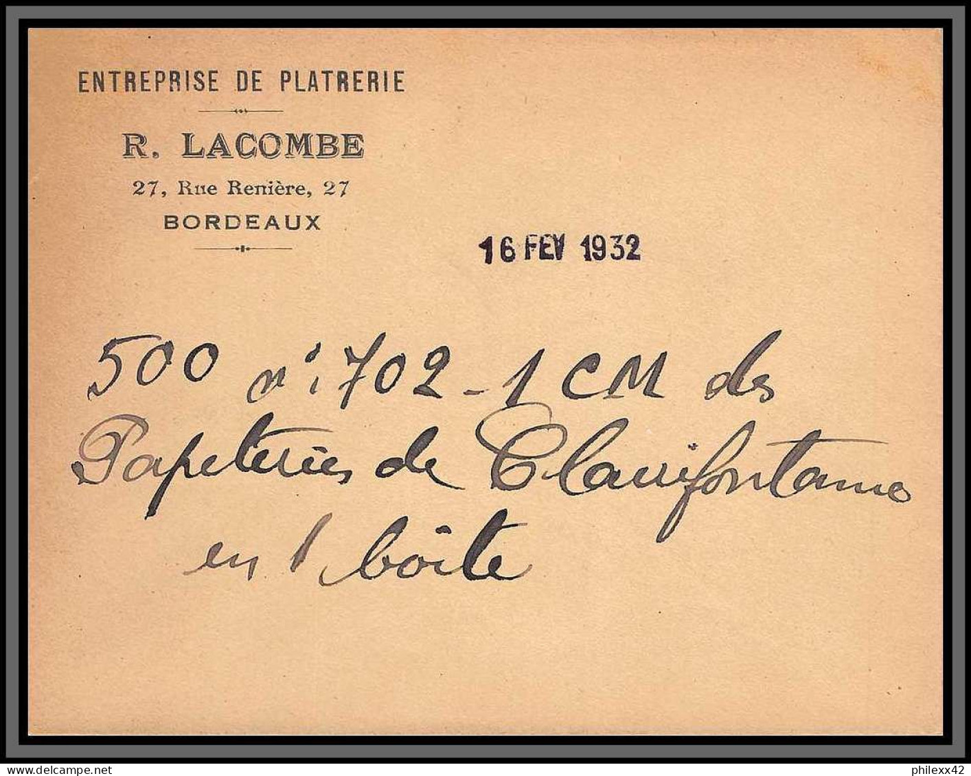 10697 Enveloppe Entete Commerciale Entreprise De Platrerie Lacombe Bordeaux  - 1900 – 1949