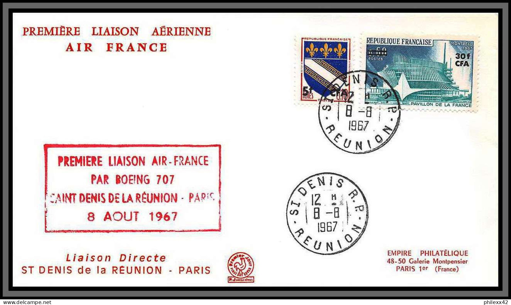 10676 1ère Liaison Air France Par Boeing 707 Saint Denis De La Reunion Paris 8/8/1967 Cfa Fdc Enveloppe Premier Jour  - Premiers Vols