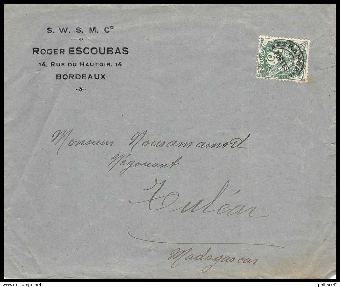 10589 Entete Escoubas Bordeaux Pour Tuléar Madagascar Préo N°41 Blanc 5c Préoblitéré Lettre Cover France  - 1893-1947