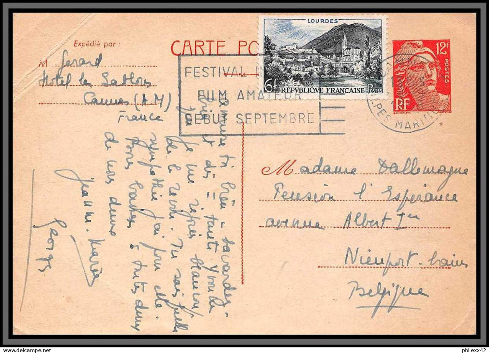 10541 Gandon 12f Orange + Complément Cannes Pour Nieuport Belgique 1955 Carte Postale Entier Postal Stationery France  - Standard Postcards & Stamped On Demand (before 1995)
