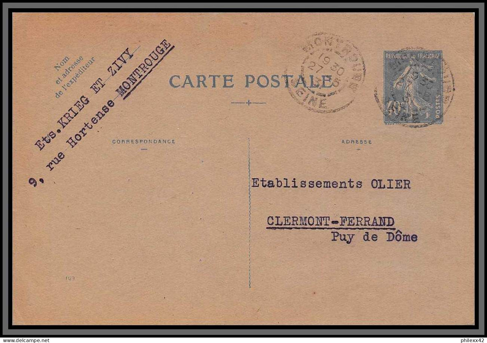 10522 40c Semeuse Camée 40c Bleu Entete Krieg Montrouge Carte Postale Entier Postal Stationery France  - Cartes Postales Types Et TSC (avant 1995)