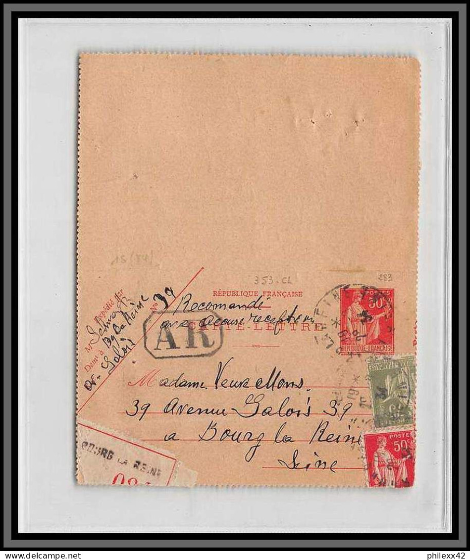 10502 Paix 50c Date 235 Recommandé + Complément Bourg La Reine 1933 Carte Lettre Entier Postal Stationery France  - Letter Cards