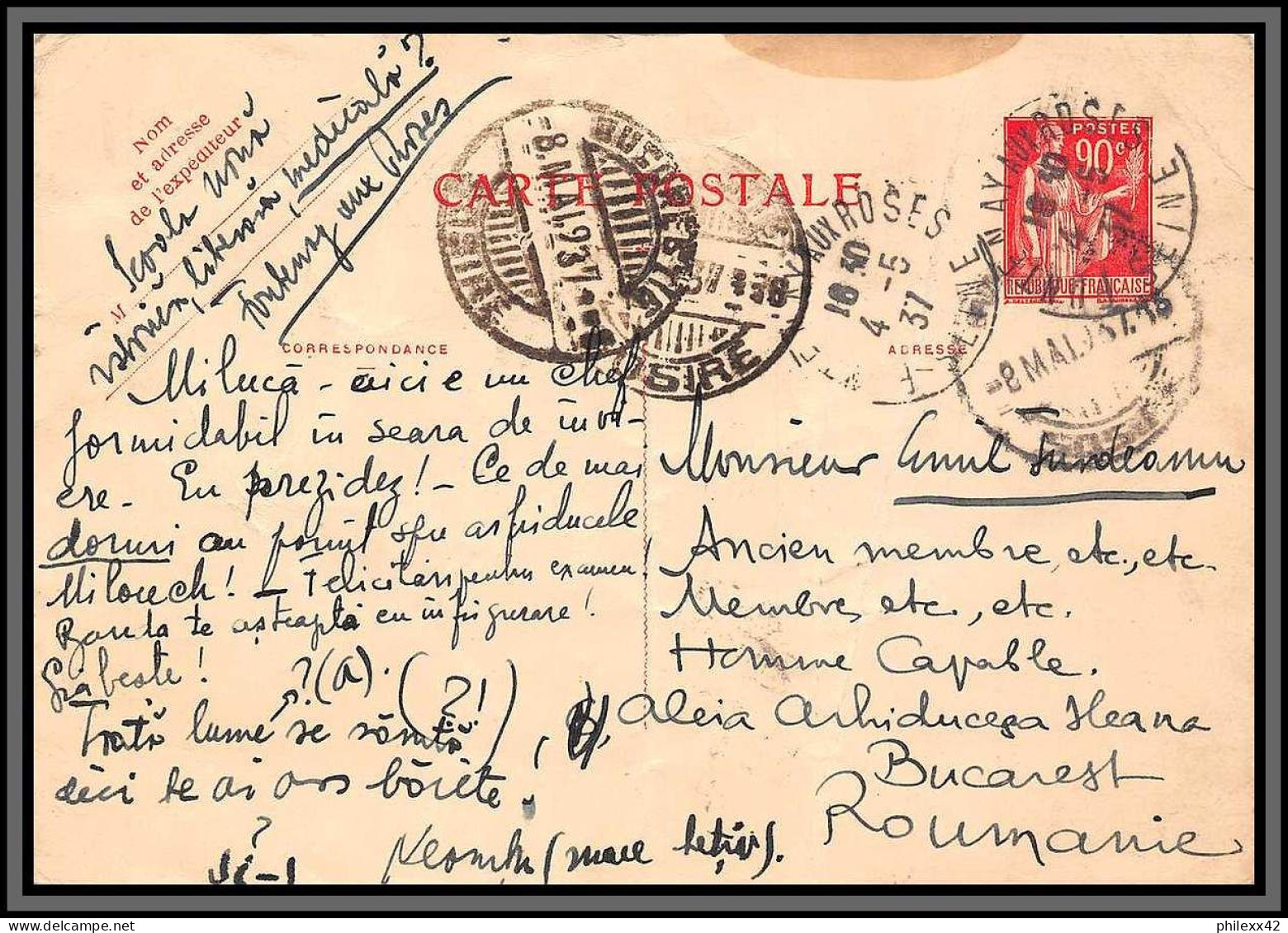 10500 Paix 90c Rouge Fontenay-aux-Roses Pour Bucarest Roumanie 1937 Carte Postale Entier Postal Stationery France  - Standard Postcards & Stamped On Demand (before 1995)