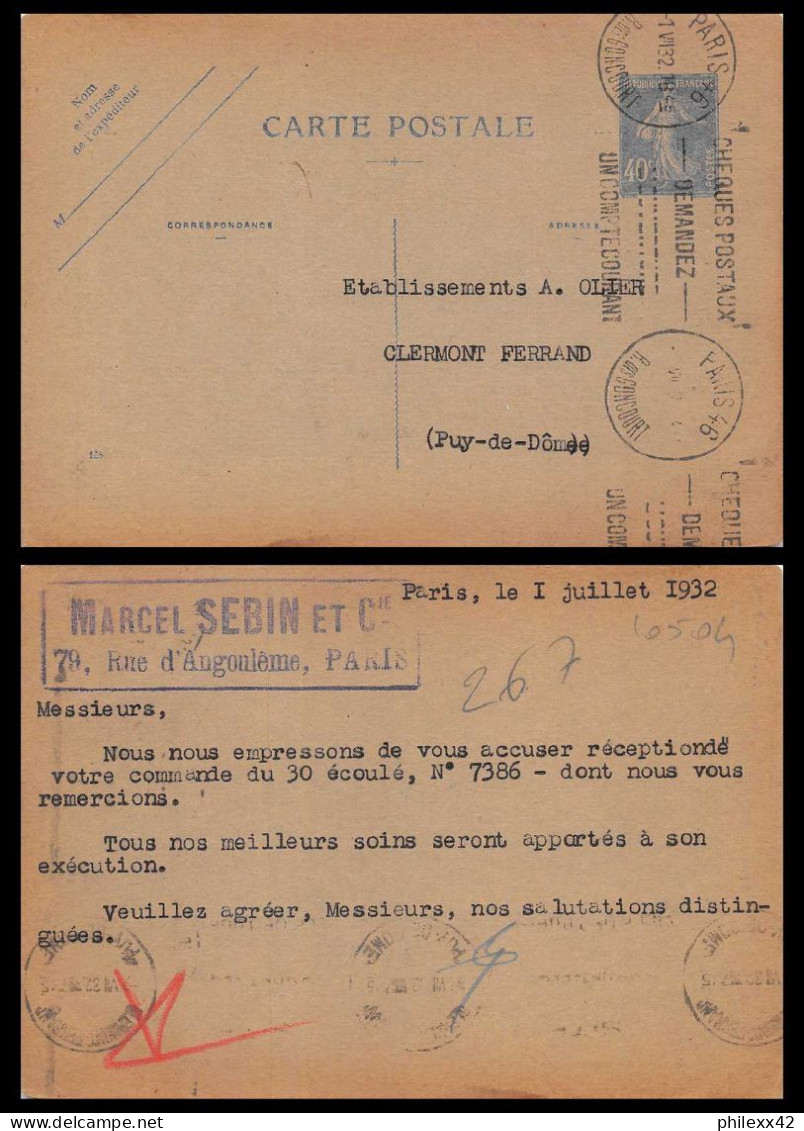 10504 40c Semeuse Camée Date 125 Entete Sebin Krag Paris 1932 Carte Postale Entier Postal Stationery France  - Cartes Postales Types Et TSC (avant 1995)