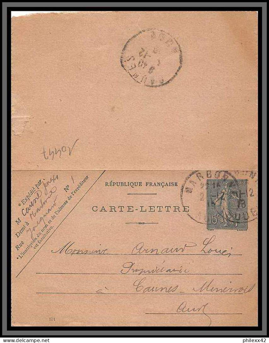 10447 15c Semeuse Lignée Date 831 Narbonne Caunes Aude 2/12/1928 Carte Lettre Entier Postal Stationery France  - Cartoline-lettere