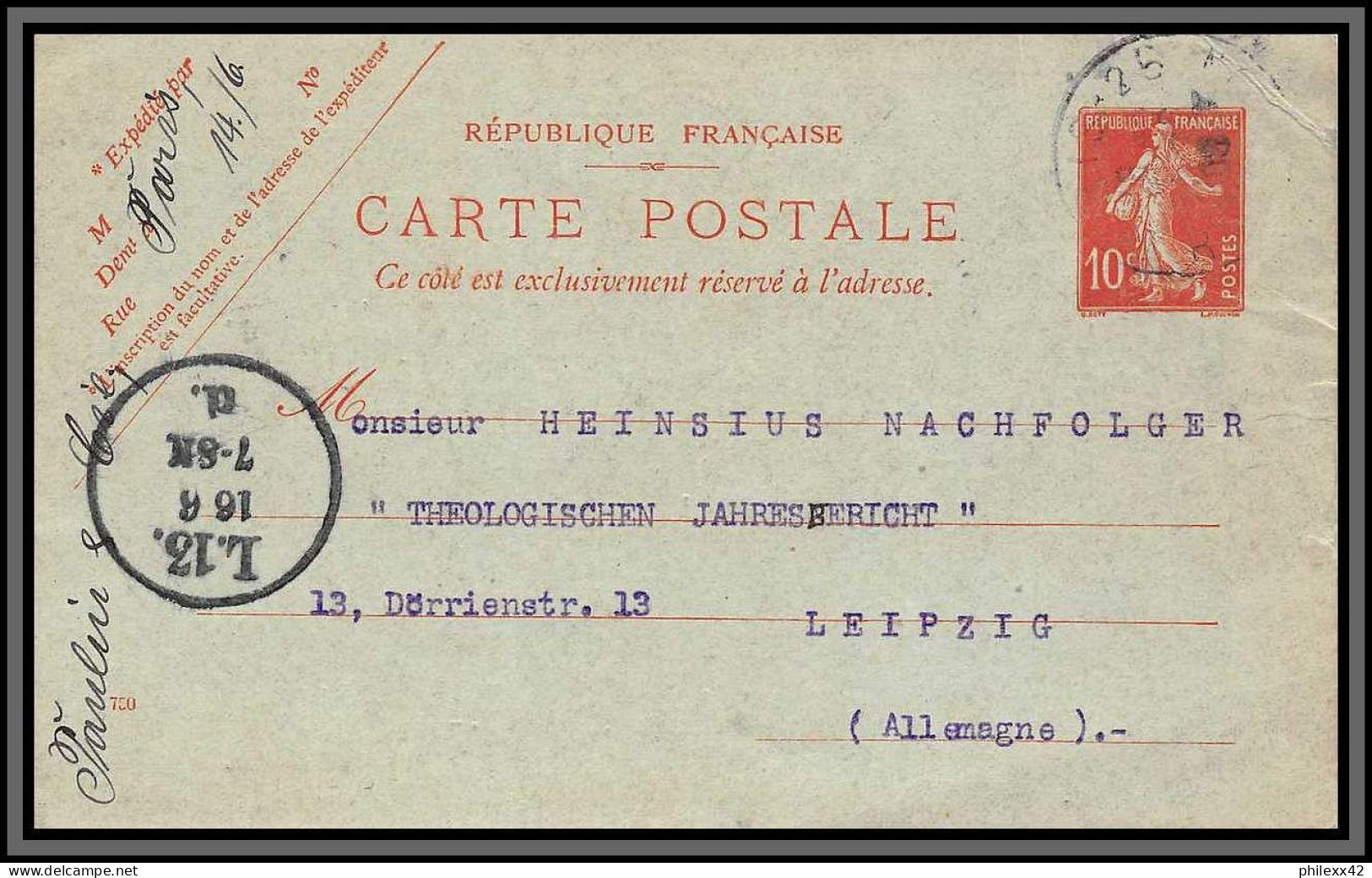10435 10c Semeuse Camée Date 750 15/6/1908 Pour Leippzig Allemagne Carte Postale Entier Postal Stationery France  - Cartes Postales Types Et TSC (avant 1995)