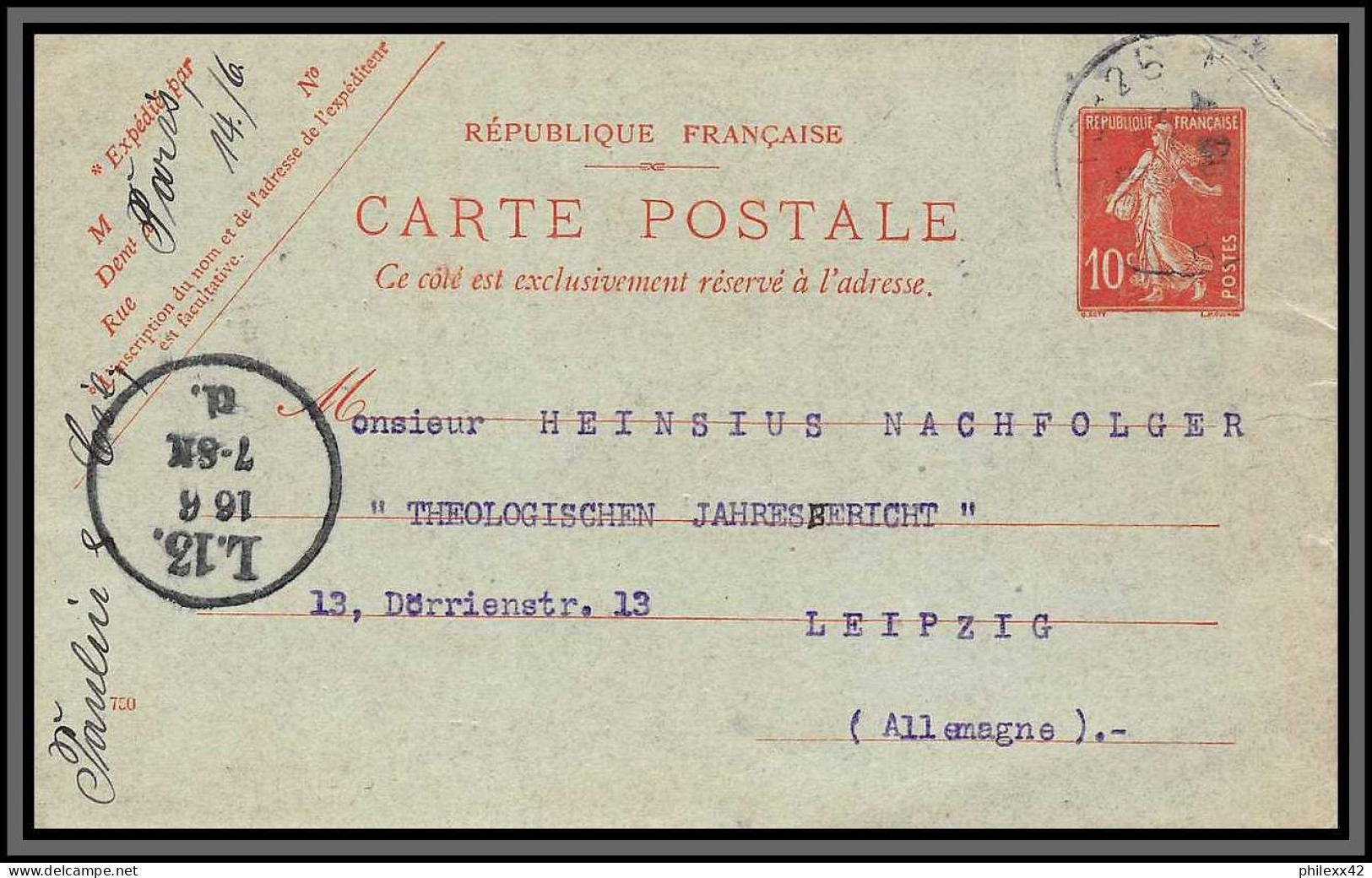 10435 10c Semeuse Camée Date 750 15/6/1908 Pour Leippzig Allemagne Carte Postale Entier Postal Stationery France  - Standard Postcards & Stamped On Demand (before 1995)