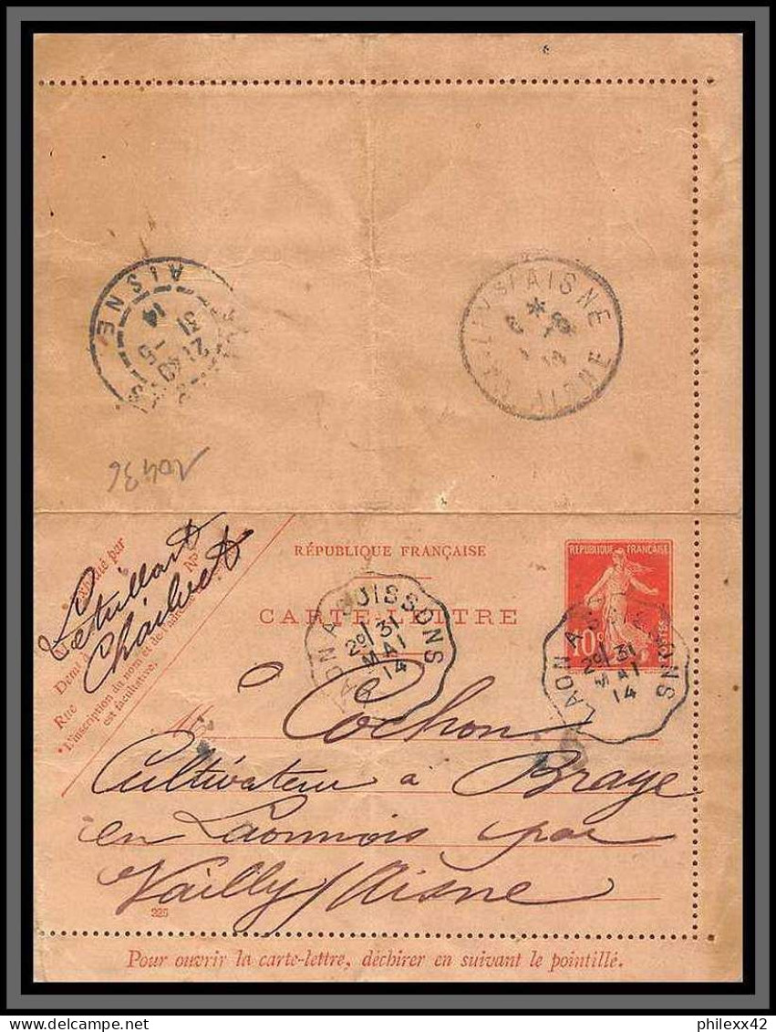 10436 10c Semeuse Camée Date 325 31/5/1914 Convoyeur Laon à Soissons Carte Lettre Entier Postal Stationery France  - Tarjetas Cartas