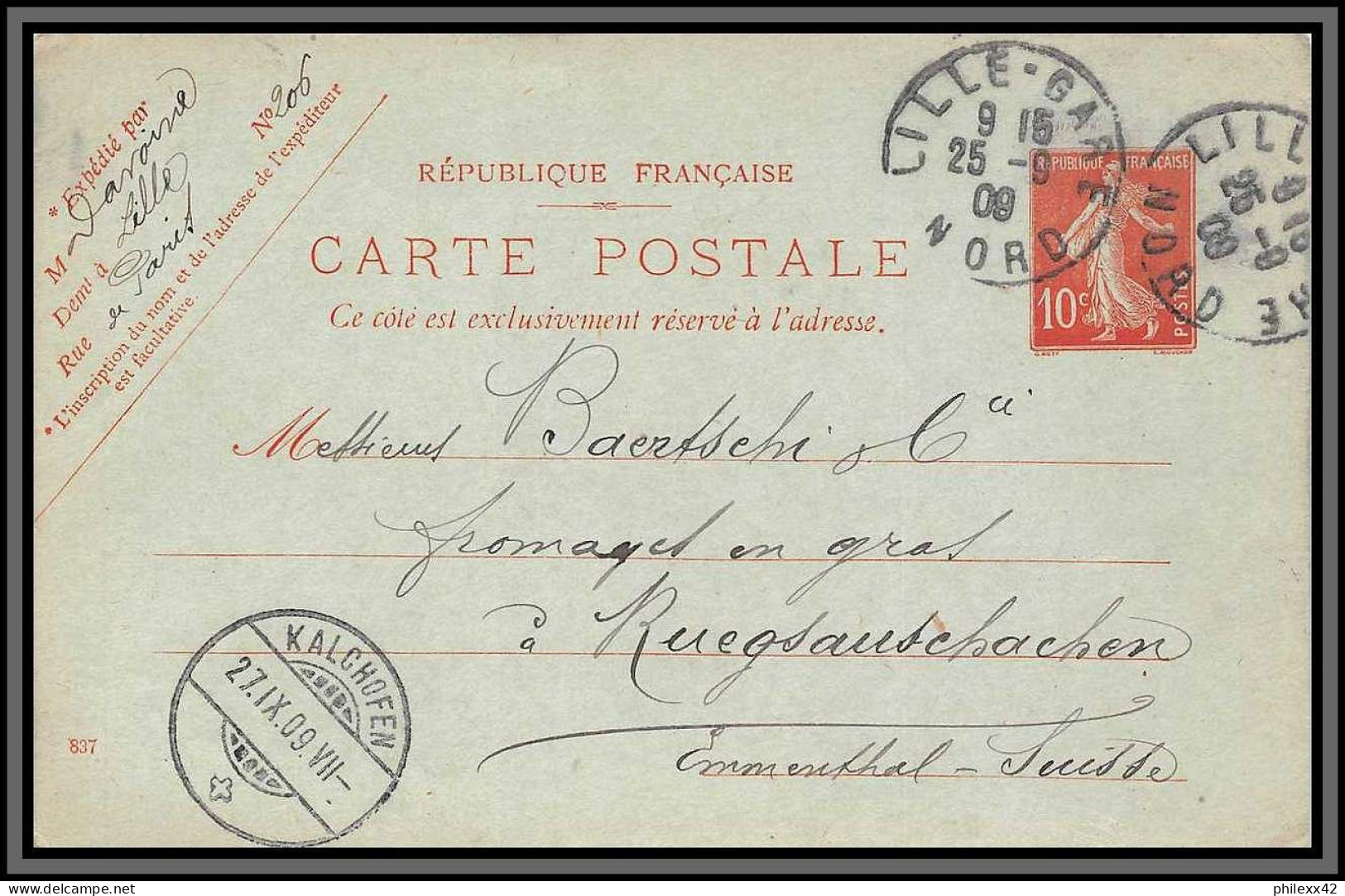 10438 10c Semeuse Camée Date 837 Daguin Lille Gare 25/9/1909 Kalchofen Suisse Carte Postale Entier Stationery France - Cartes Postales Types Et TSC (avant 1995)