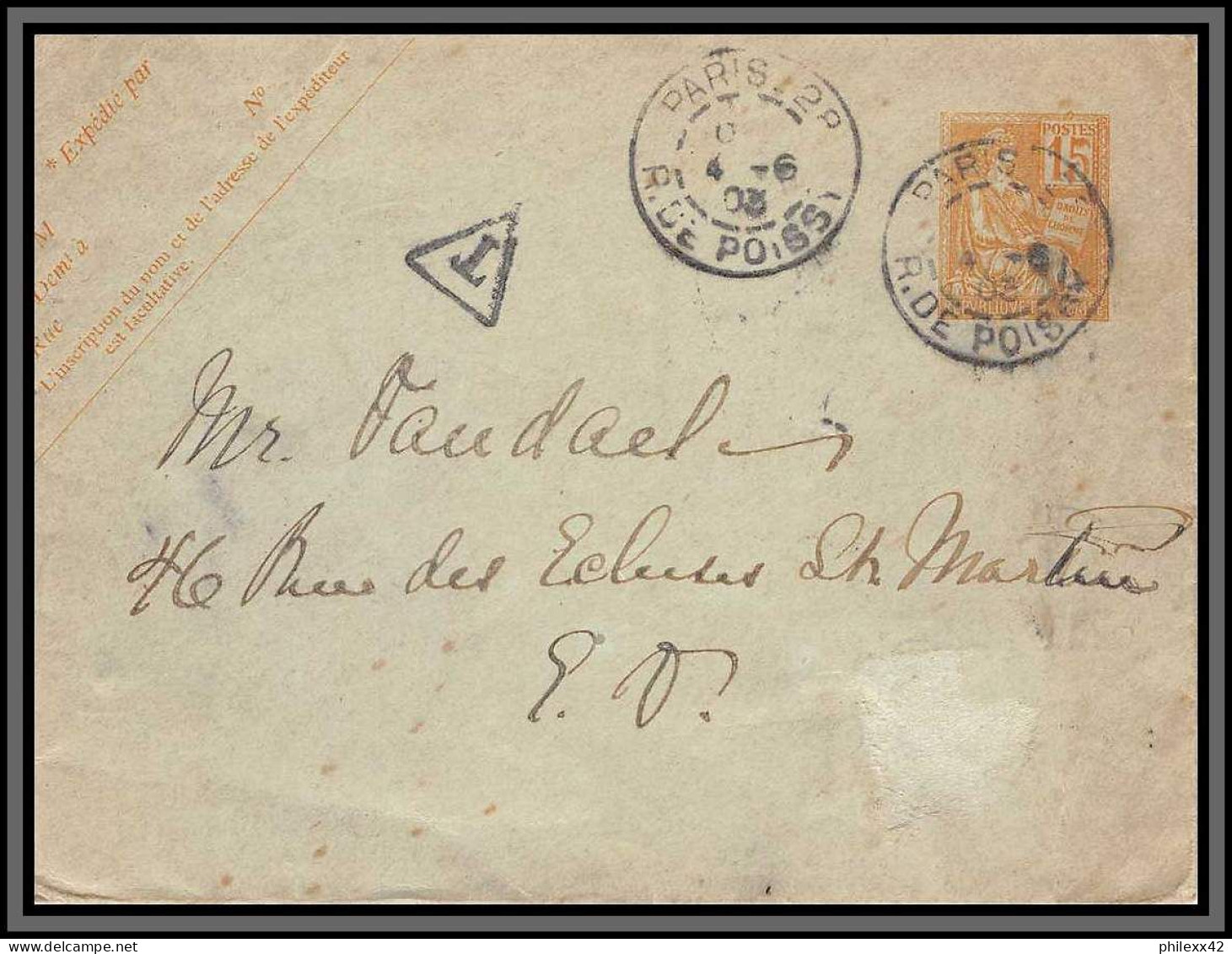 10424 15c Mouchon Daguin Paris 4/9/1903 Taxe Enveloppe Entier Postal Stationery France  - Standard Covers & Stamped On Demand (before 1995)