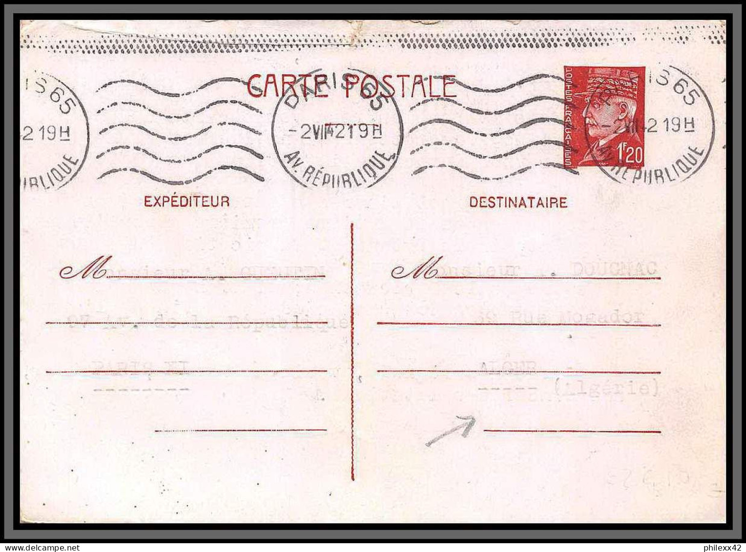 10468 Petain 1f20 Paris Pour Alger Algérie 1942 Carte Postale Interzone Entier Postal Stationery France  - Cartes Postales Types Et TSC (avant 1995)