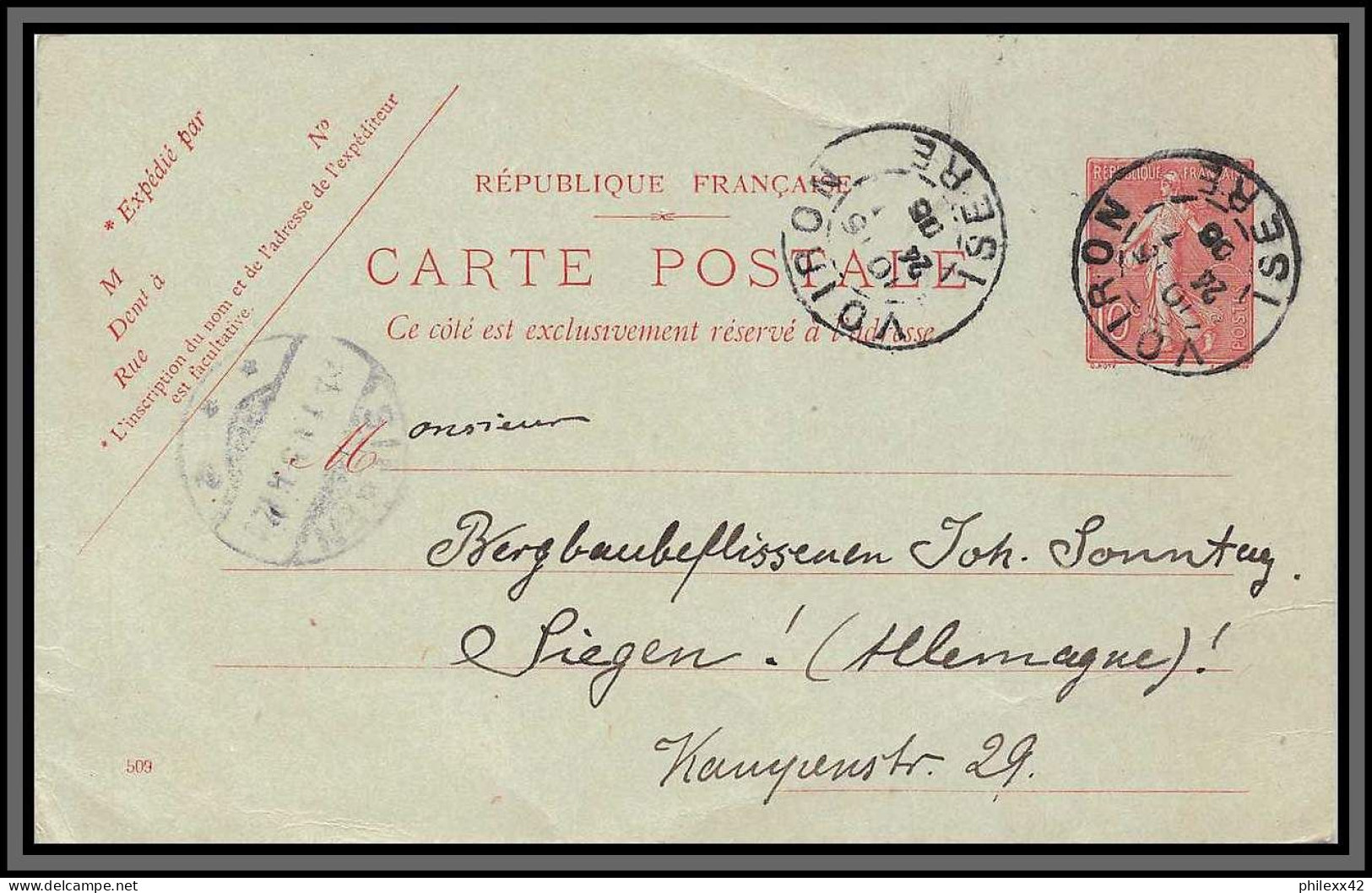 10428 10c Semeuse Lignée Date 509 Daguin Voiron Isère 24/7/1906 Siegen Allemagne Carte Postale Entier Stationery - Cartes Postales Types Et TSC (avant 1995)