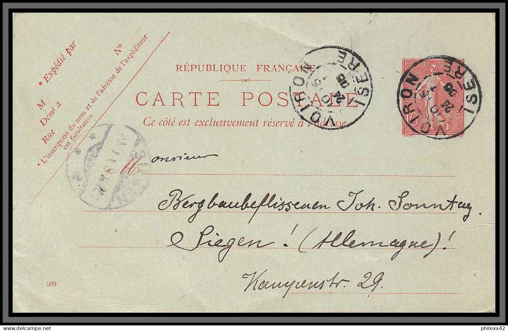 10428 10c Semeuse Lignée Date 509 Daguin Voiron Isère 24/7/1906 Siegen Allemagne Carte Postale Entier Stationery - Standard Postcards & Stamped On Demand (before 1995)