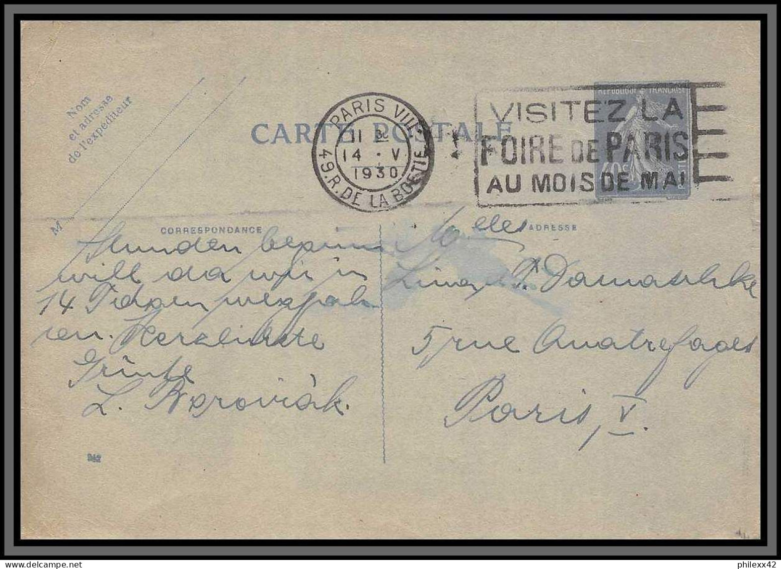 10439 40c Semeuse Camée Bleu Date 942 Visitez La Foire De Paris 1930 Carte Postale Entier Postal Stationery France  - Cartes Postales Types Et TSC (avant 1995)