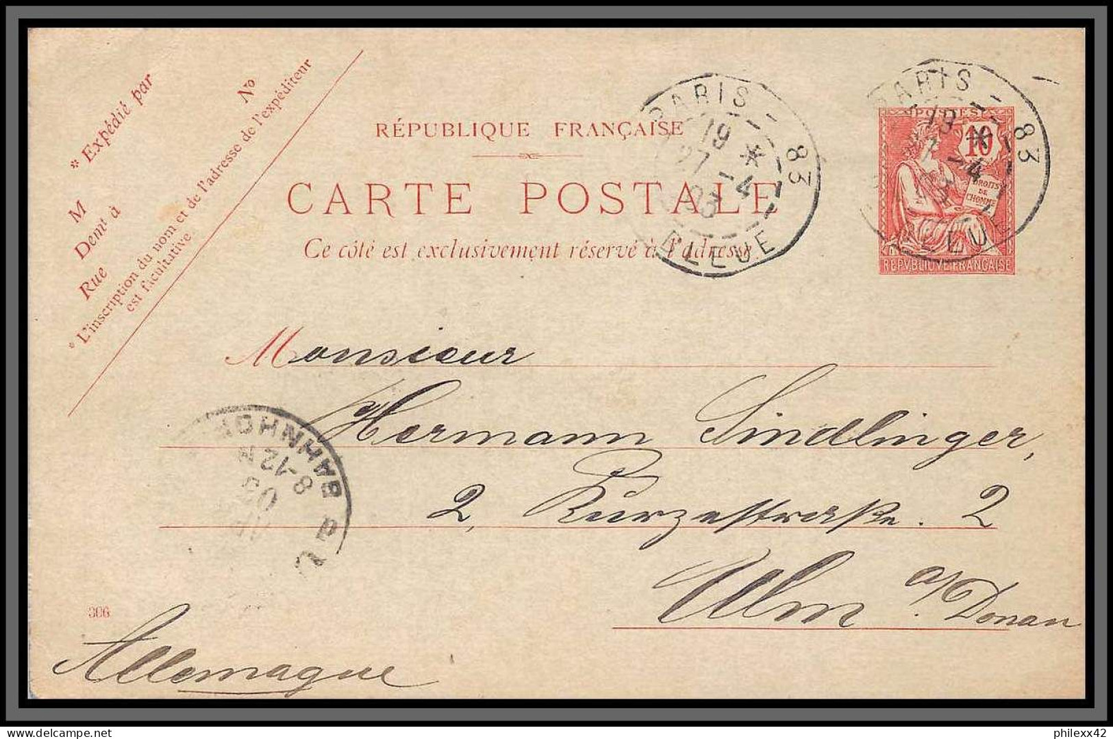 10421 10c Mouchon Retouché Date 306 Paris Rue Bleue 27/4/1903 Ems Allemagne Germany Carte Postale Entier Stationery - Cartes Postales Types Et TSC (avant 1995)